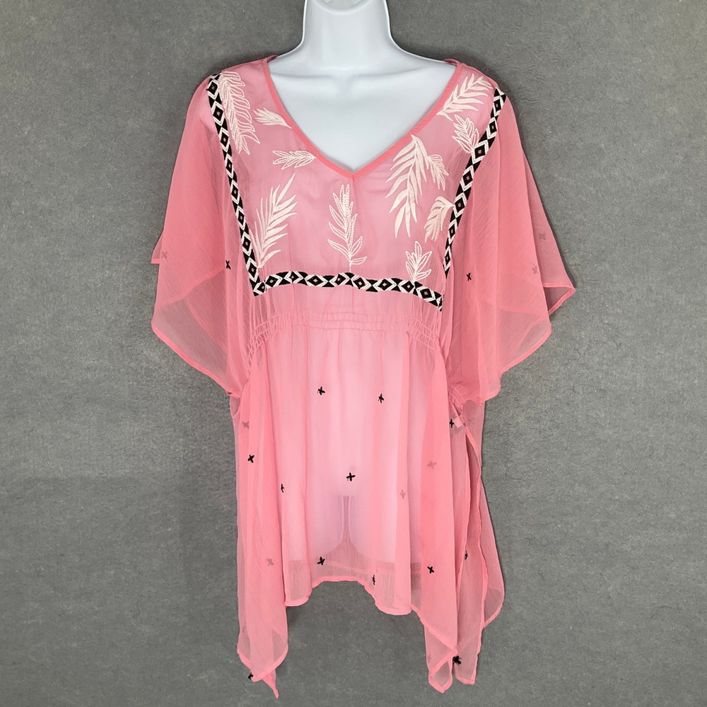Lane Bryant Embroidered Tunic Sheer Pink Boho Sz 14/16 Coverup Vacation Cruise